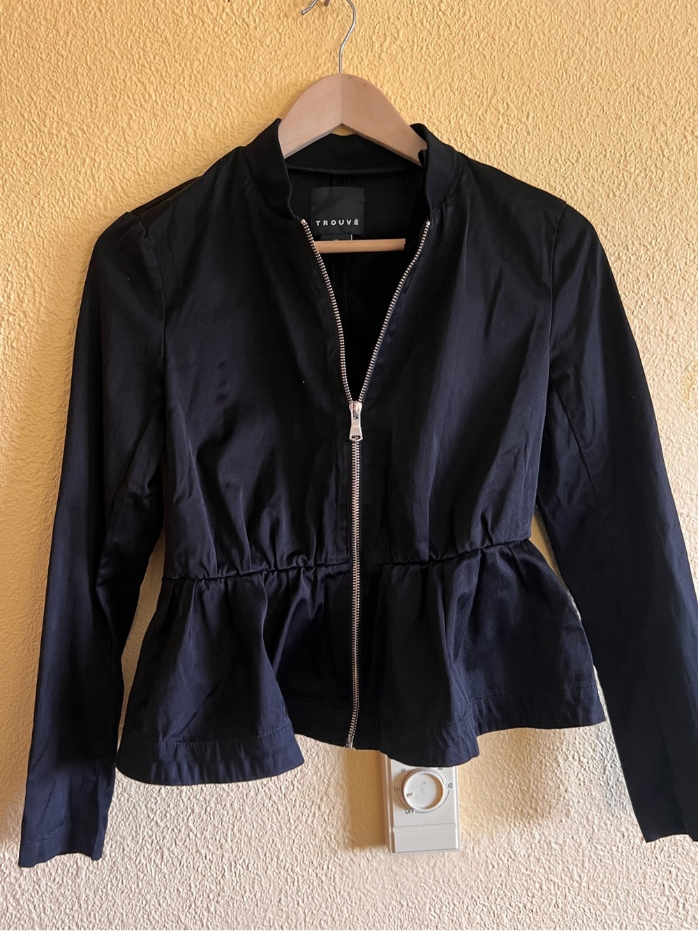 Trouve Black Peplum Bomber Jacket with Front Zip